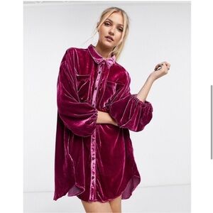 Free People Lux Velvet Shirt Dress in Fairytale Fuchsia